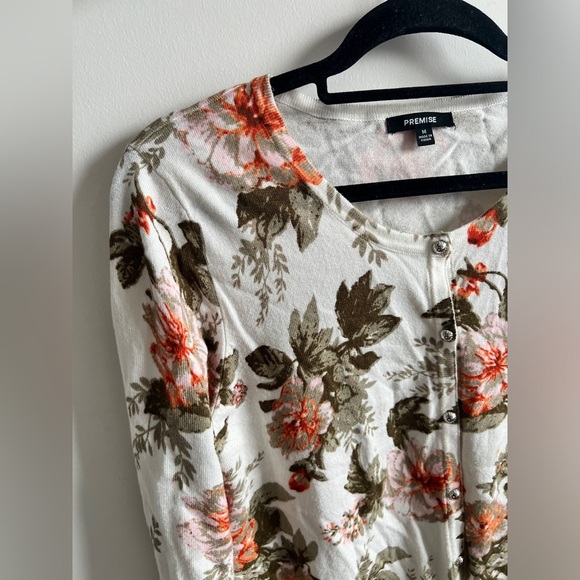 PREMISE Floral Women's Cardigan Floral White Orange Spring Lightweight Medium - Picture 2 of 10